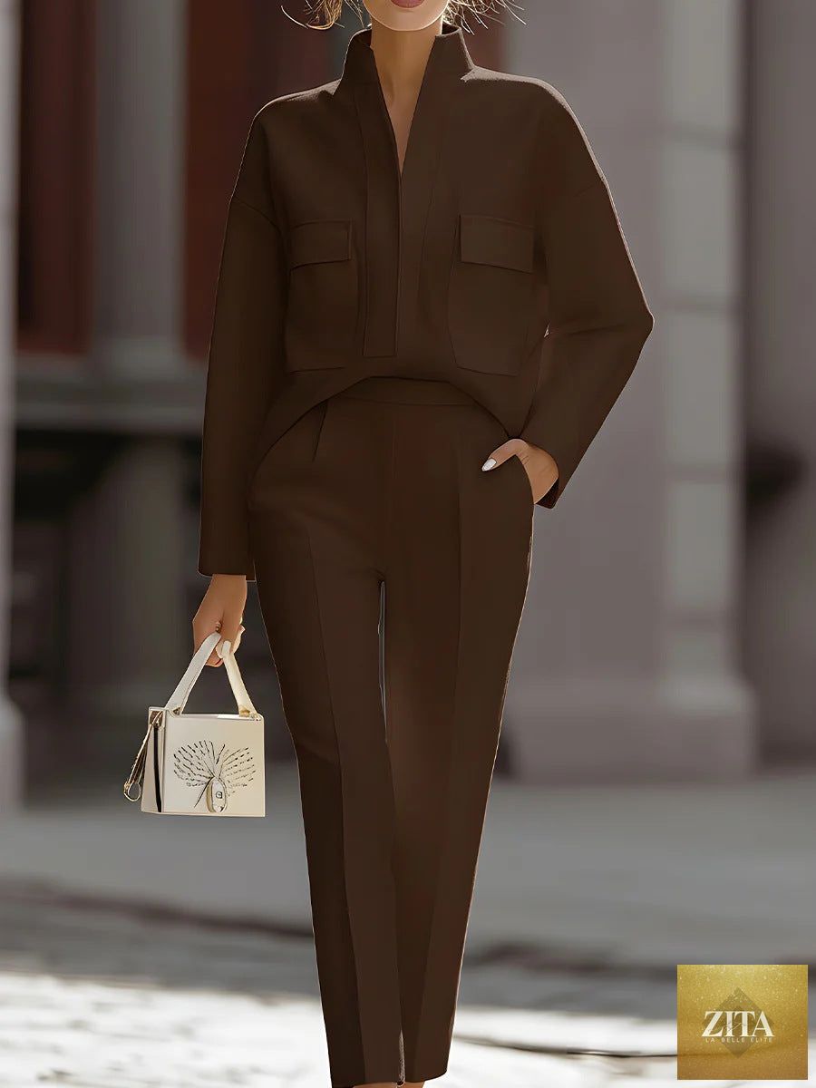 Zita La Belle Elite women's casual urban commuter two-piece set with pocketed long-sleeve top and matching pants in a comfortable style.