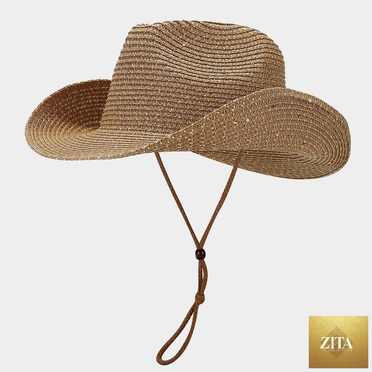 Women's Panama straw woven sun hat by Zita La Belle Elite with windproof design and sequin details, ideal for beach and sunny days.