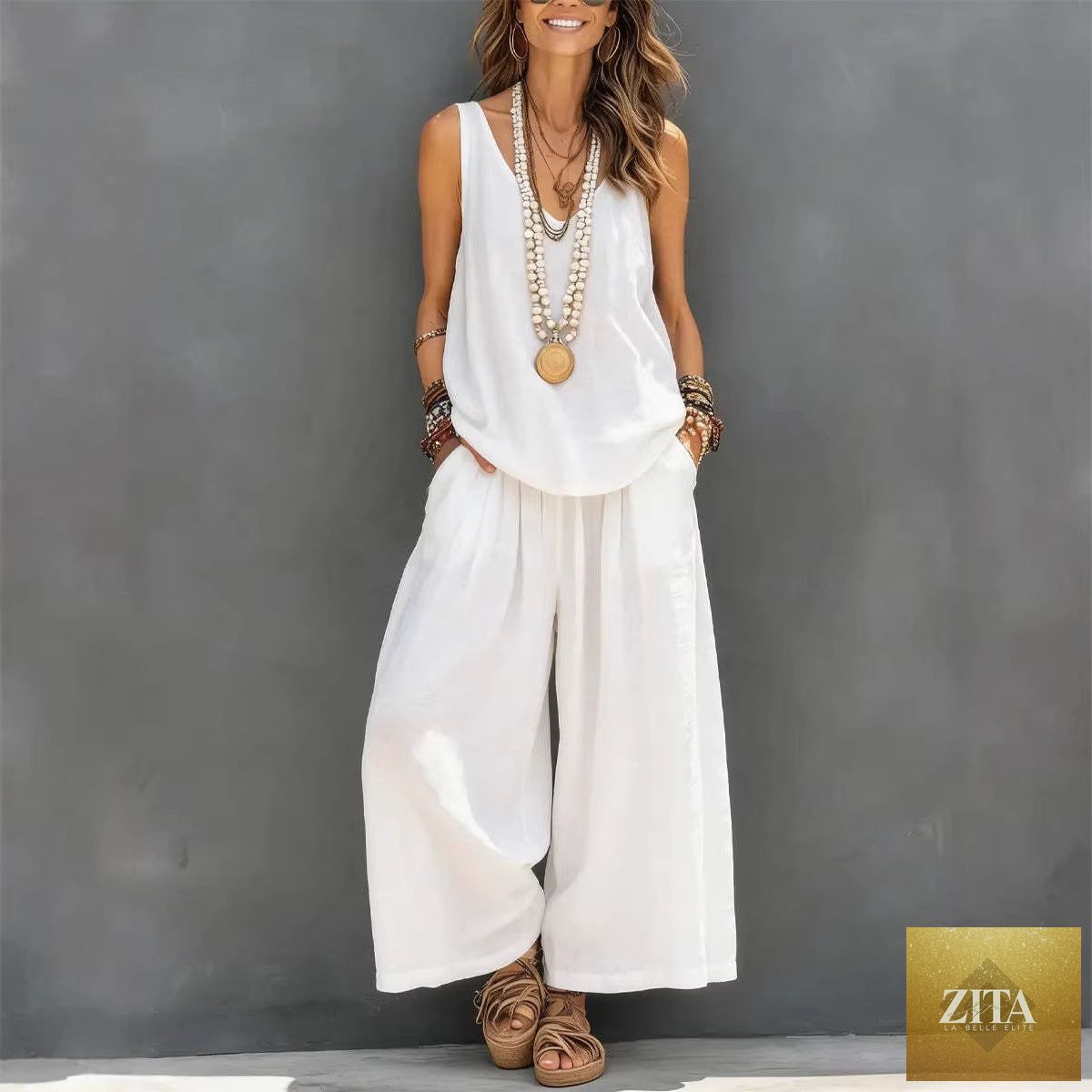 Womens Solid-Colored Casual Sleeveless Tank Top And Wide-Leg Pants Cotton-Linen Set For Daily Wear Holiday Outfit