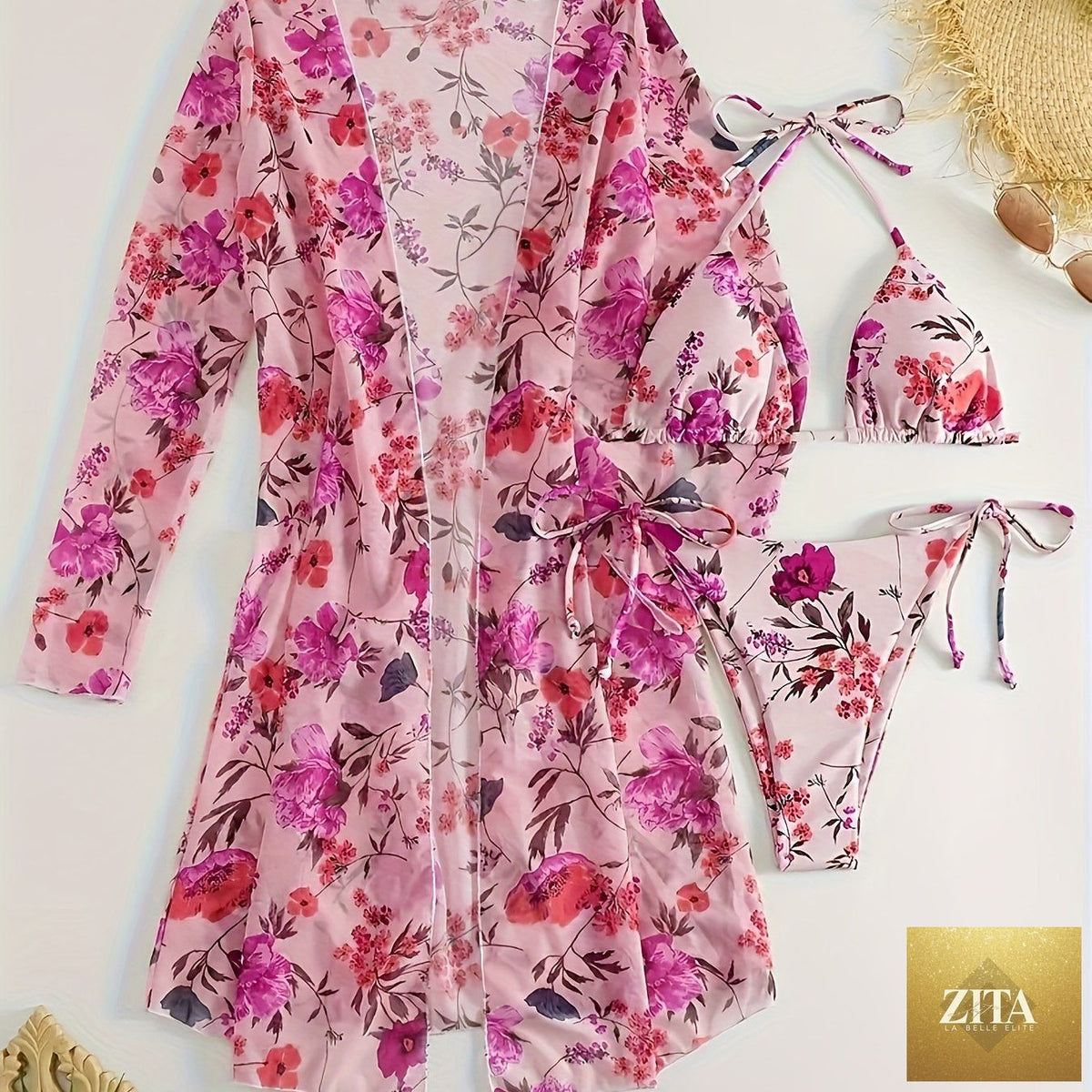 Stevvex European style floral print bikini set with V-neck, cross straps, matching long sleeve cover-up, perfect for summer beach vacations