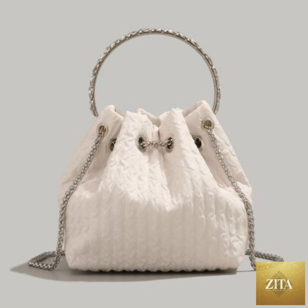 Nude luxury women's evening bag with rhinestone chain, drawstring bucket style clutch for parties and prom events.