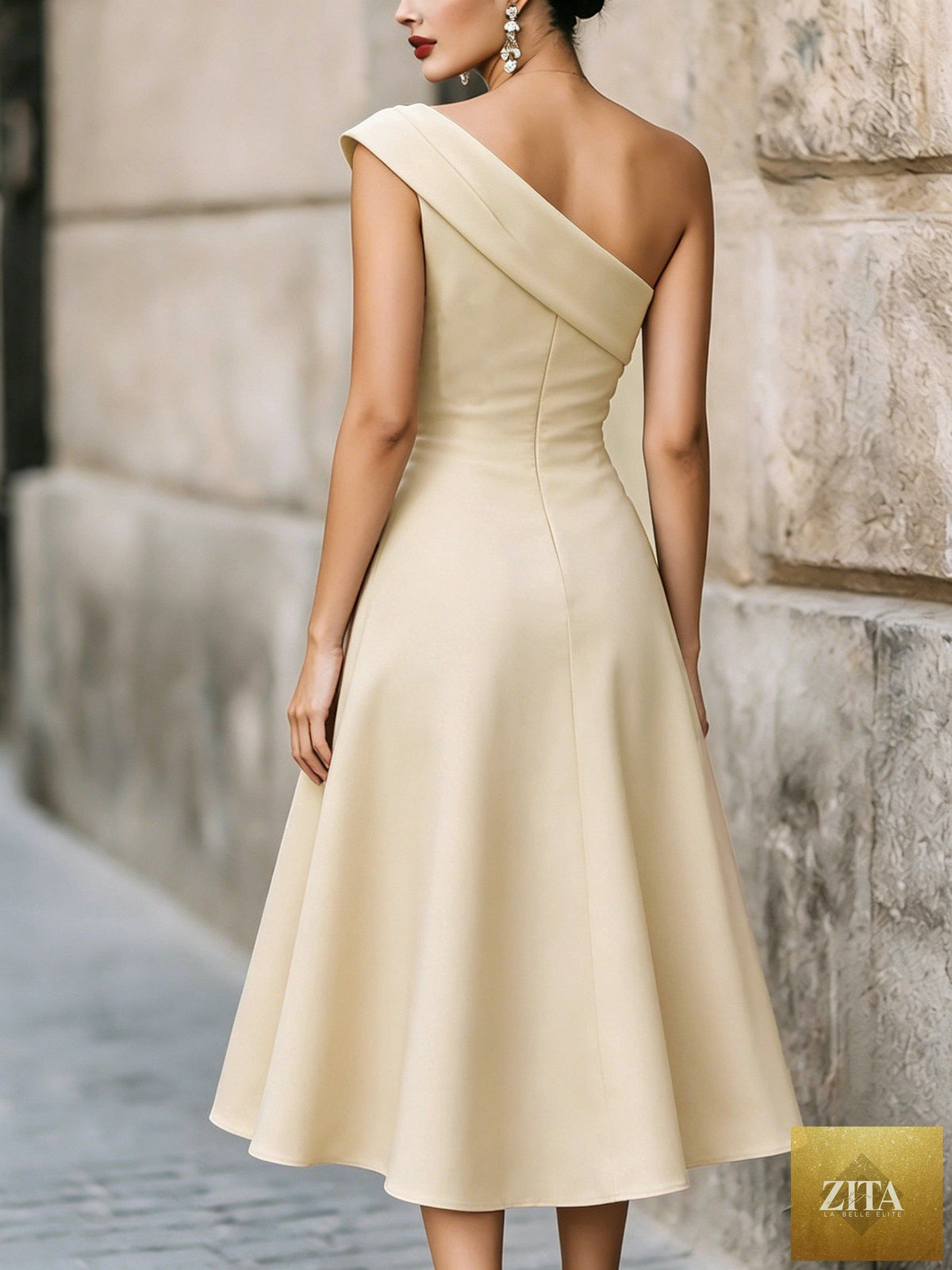 Women's off-shoulder swing dress by FitiqueFit in solid color, flowing midi length, perfect for casual or summer wear.