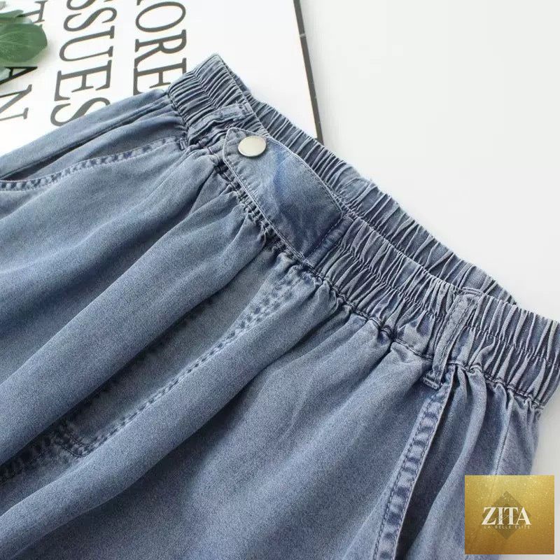 Women's patchwork embroidered cropped harem pants with wide legs and high waist, made of denim by Zita La Belle Elite.