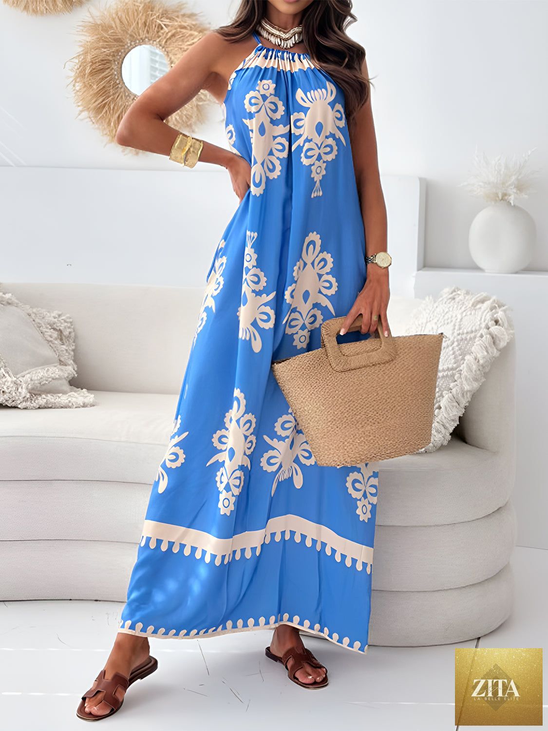 Elegant summer maxi dress for women by Stevvex, sleeveless spaghetti strap design with unique printed pattern.