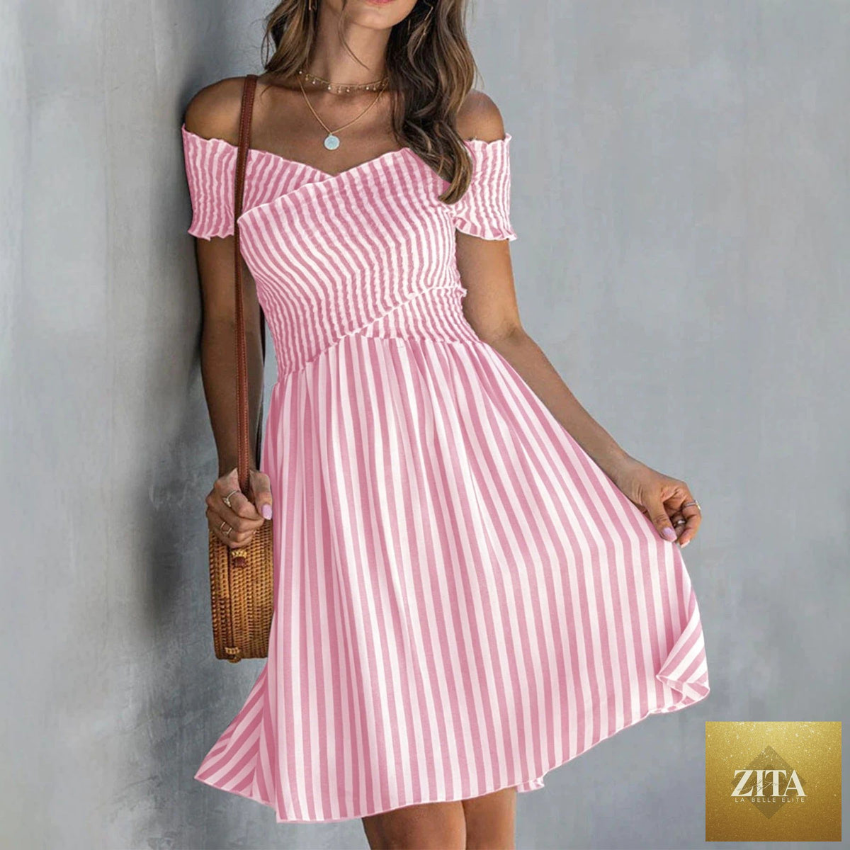 Women's off-shoulder striped waist-cinching midi dress by Zita La Belle Elite, casualwear featuring a fitted bodice and flowing skirt.