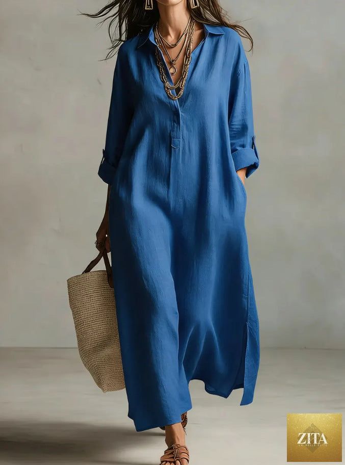 Women's linen shirt dress by Zita La Belle Elite, casual long-sleeve relaxed fit dress in natural linen fabric.