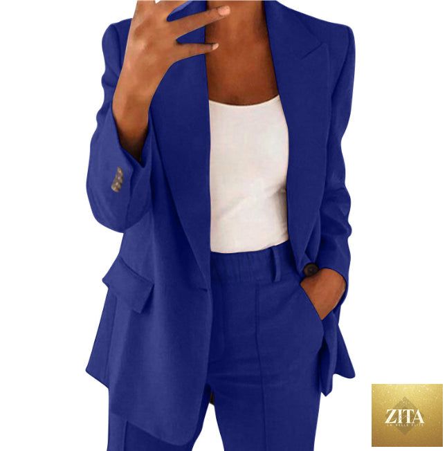 FitiqueFit two-piece suit with lapel blazer and slim-fit trousers in various colors, shown in a stylish, tailored fit.