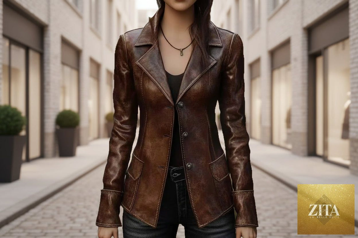 Women's retro slim-fit faux leather biker jacket from FitiqueFit, mid-length coat with classic biker style and tailored fit.