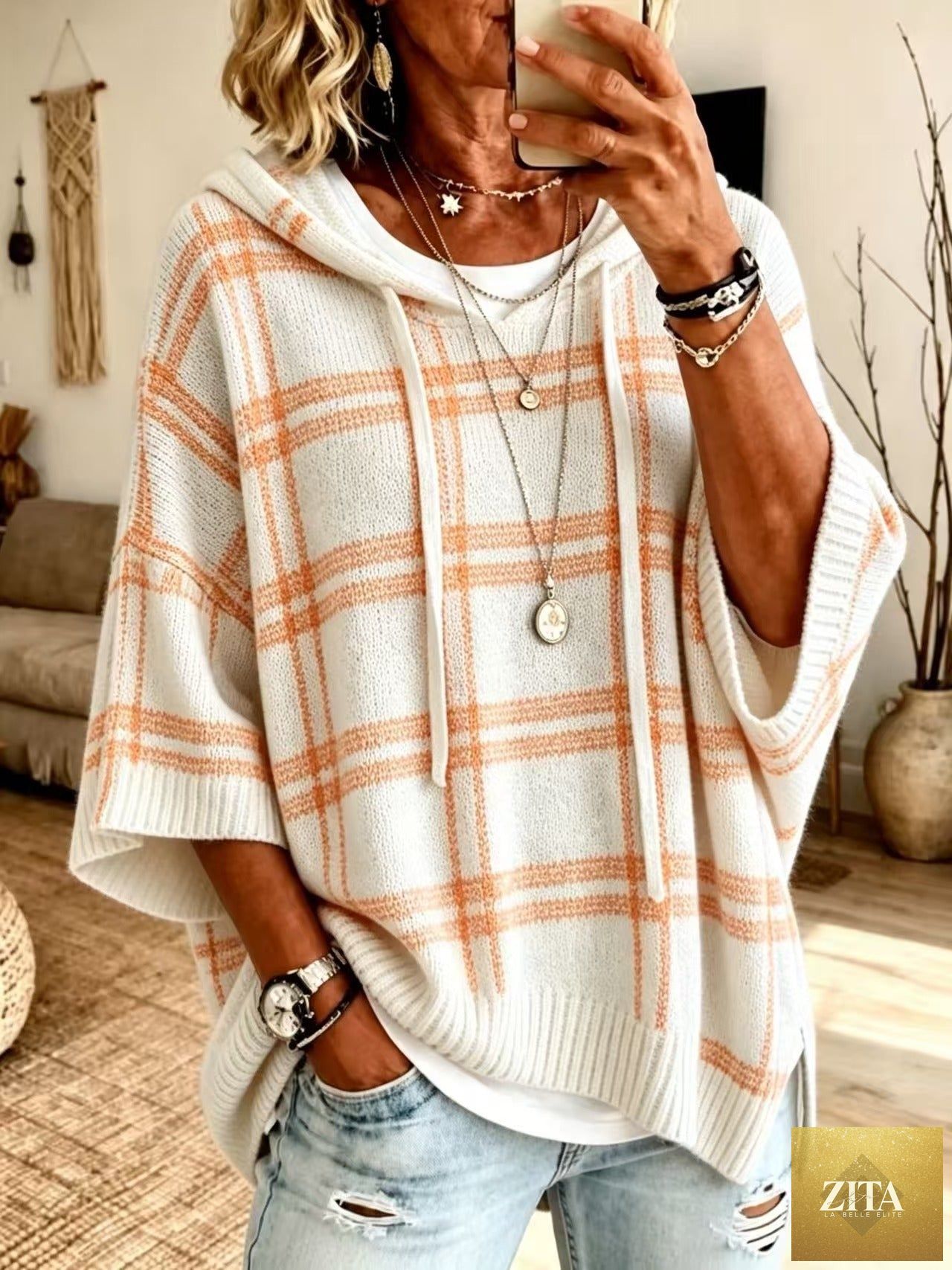 Plaid Knit Hooded Batwing Sweater