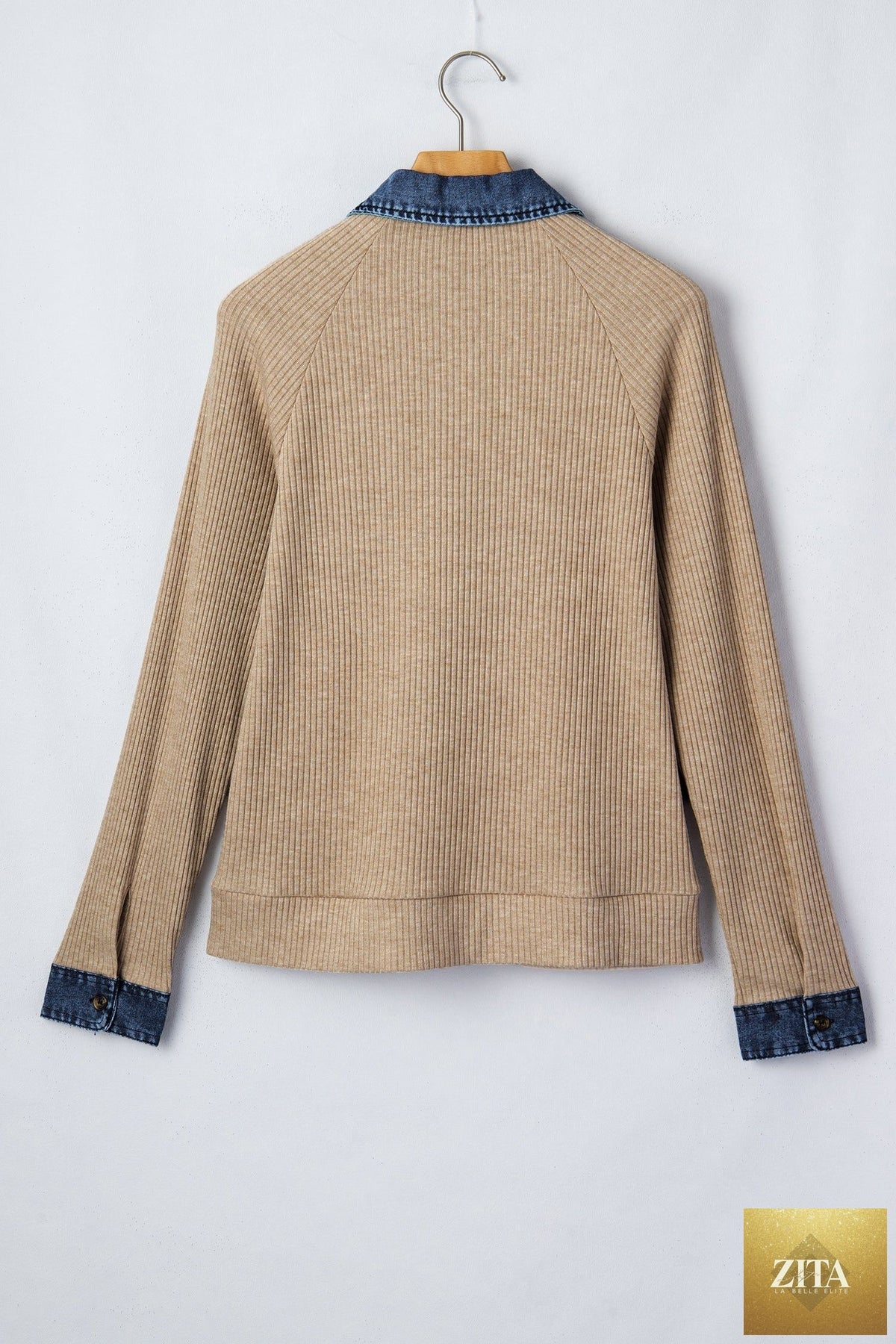 Beige ribbed knit denim patchwork long sleeve polo collar top with cuffed sleeves, stylish and casual from Wild and Free Boutique.