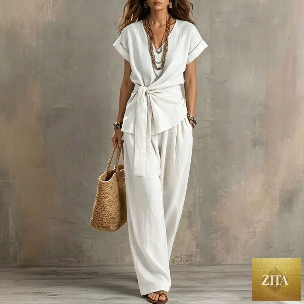 Zita La Belle Elite women's V-neck short-sleeve top and matching pants two-piece set, light fabric, casual stylish outfit.