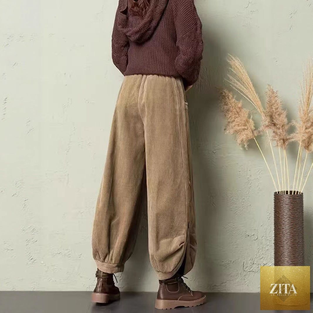 Zita La Belle Elite corduroy wide-leg pants with lace-up detail, styled for street fashion, showing the relaxed fit and textured fabric.