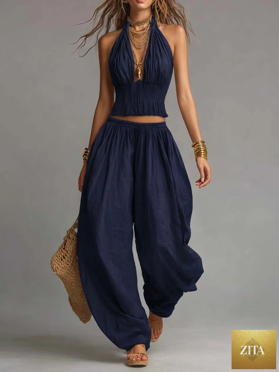 Zita La Belle Elite women's sleeveless backless halter top and wide-leg pants set, featuring a stylish, coordinated outfit in natural pose.