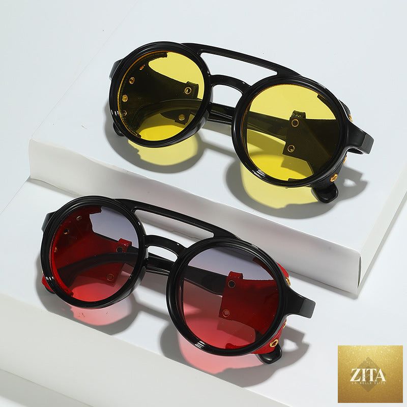 Retro round leather frame sunglasses by FitiqueFit featuring vintage style eyewear with dark tinted lenses and classic leather accents.