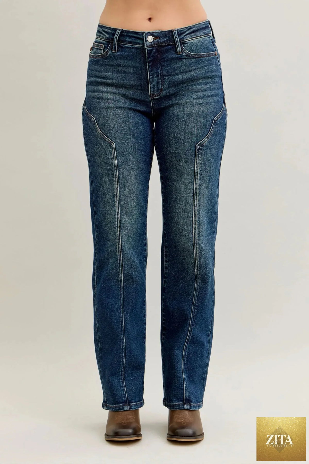Wild and Free Boutique Judy Blue plus size straight leg jeans with seam detail and full size fit, showcasing the denim's style and fit.