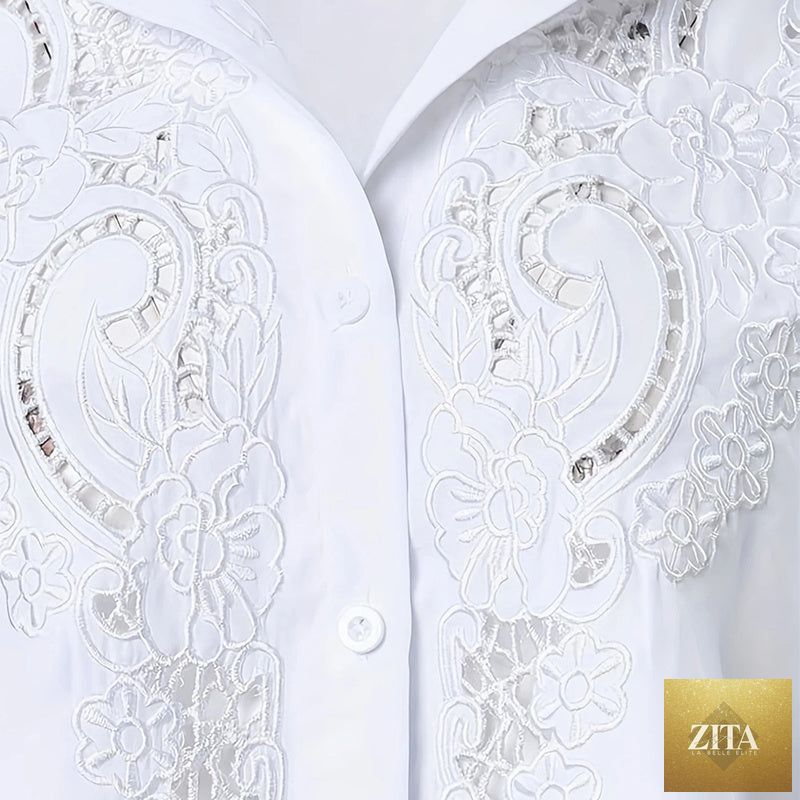 Women's contrast lace long-sleeve button-down blouse by FitiqueFit, featuring elegant lace details and casualwear style