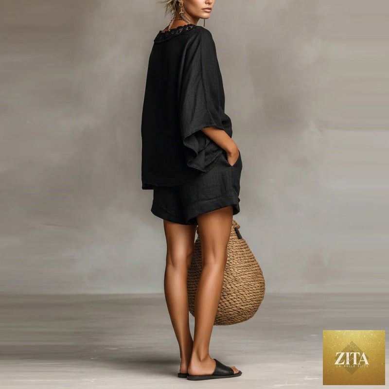 Women’s solid color casual T-shirt and shorts set by Zita La Belle Elite, featuring comfortable fabric and relaxed fit.