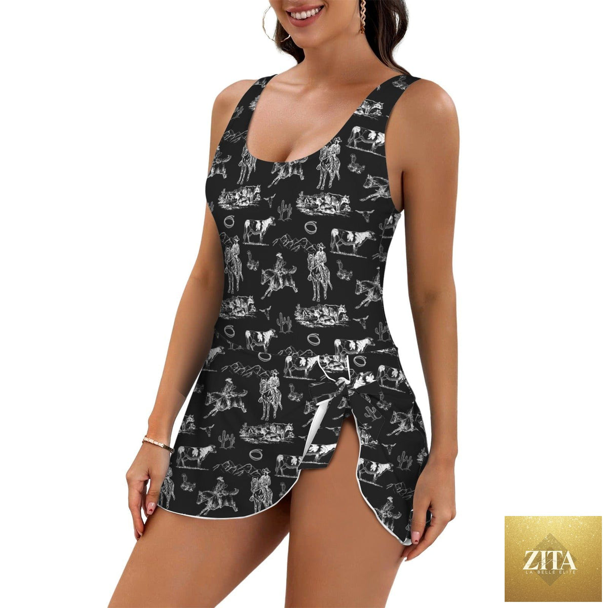 Baha Ranch Western Wear Ranch Life skirted one-piece swimsuit with Western-inspired design and comfortable fit.