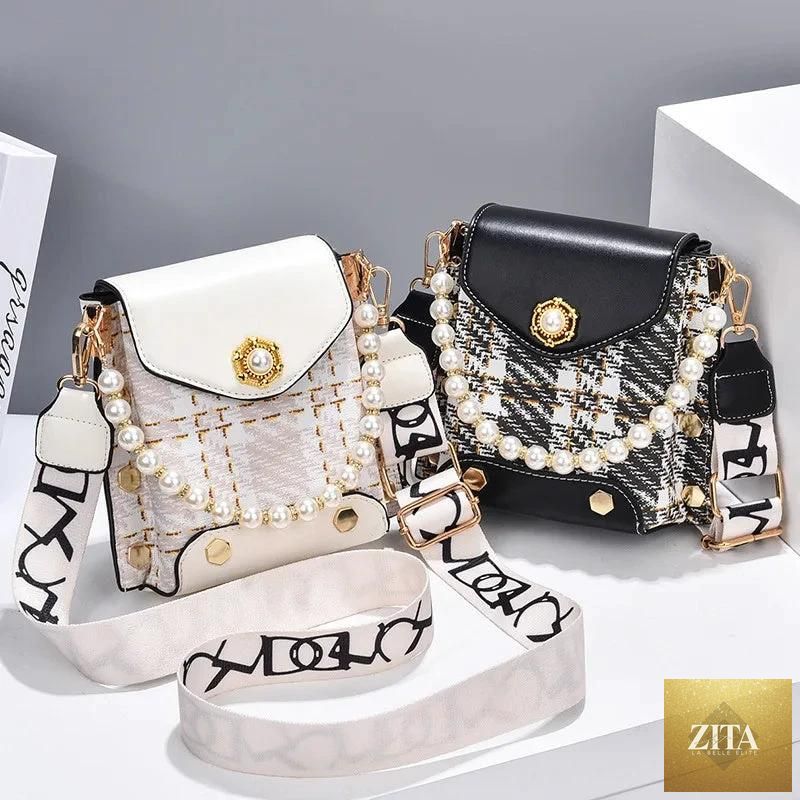 Mandotos women's crossbody bag with pearl chain, cute princess design, and shoulder strap, perfect for summer phone and wallet storage.