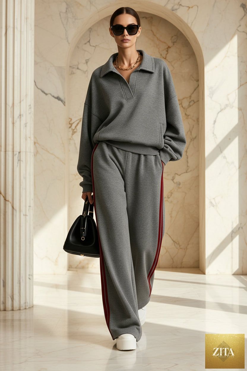 Women's Polo-Collar Oversized Sweatshirt & Side-Stripe Wide-Leg Pants Set
