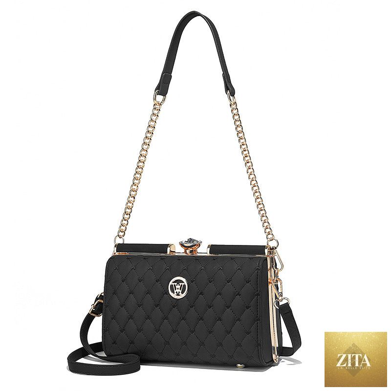 Diamond-quilted shoulder bag with premium texture from Social Buzz eSIMs, featuring a stylish design and sleek finish.