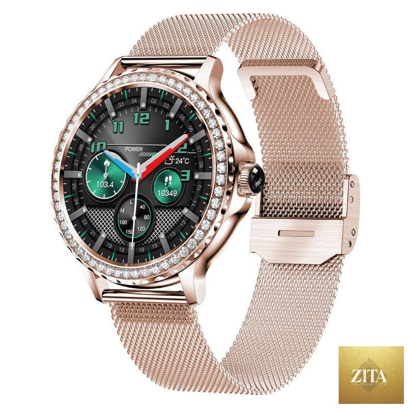 MANDOTOS waterproof Bluetooth calling fitness bracelet smartwatch with diamond accents, display screen, and sleek design.
