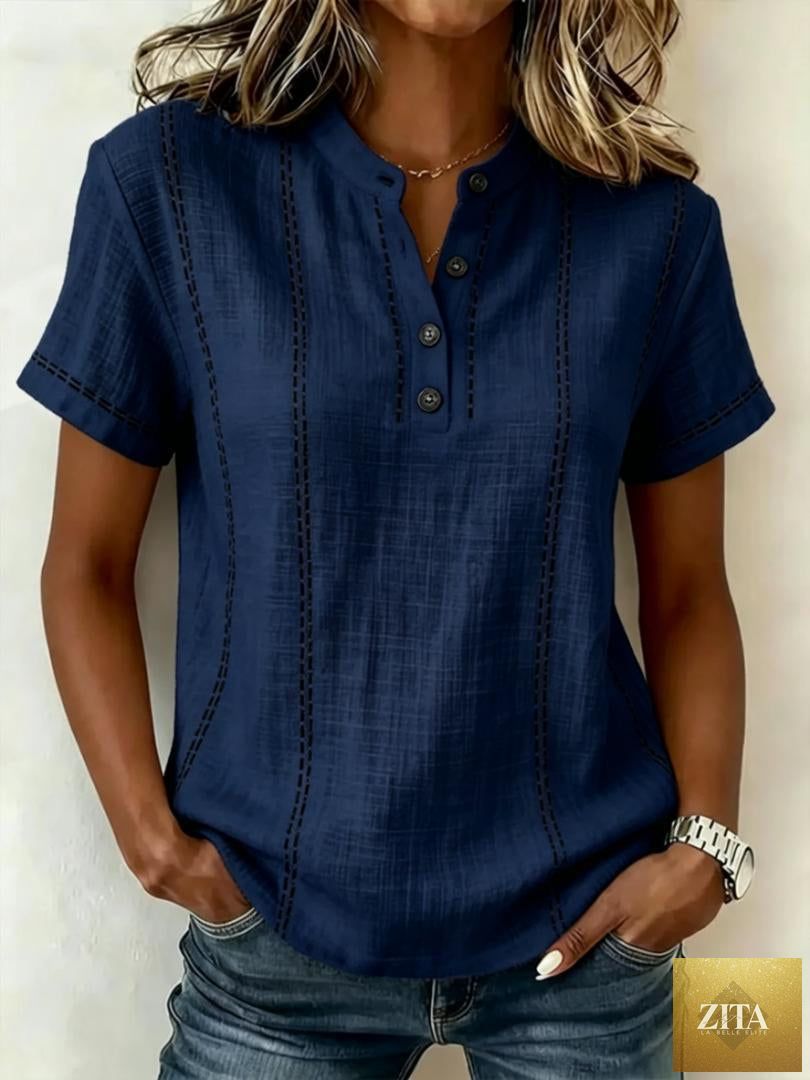 LadyShow.Store summer striped short-sleeve shirt with stand collar, V-neck, and button front, casual women's blouse.