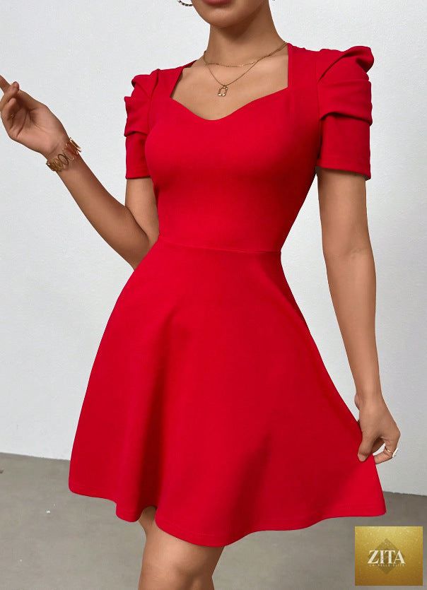 Women's boat neck high-waist mini dress by Zita La Belle Elite featuring zipper patchwork, casualwear style, shown on a model.