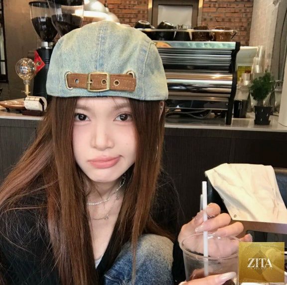 Zita La Belle Elite double-brim turned-up denim beret with breathable cotton fabric, stylish women’s hat with a unique brim design.