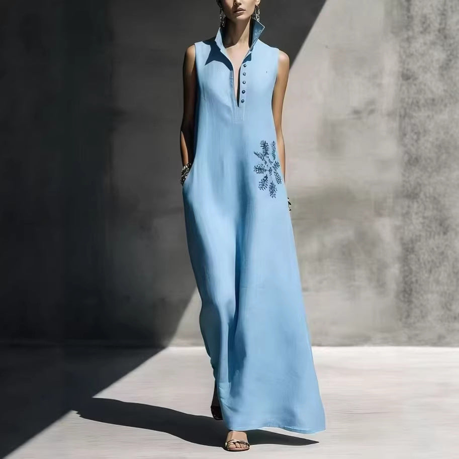 Women’s cotton linen maxi dress with mandarin collar, graphic print, and pockets from FitiqueFit casualwear collection.