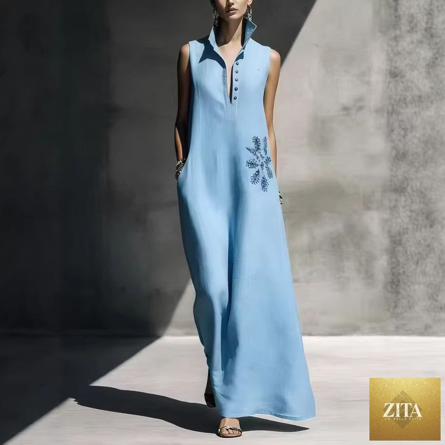 Women’s cotton linen maxi dress with mandarin collar, graphic print, and pockets from FitiqueFit casualwear collection.