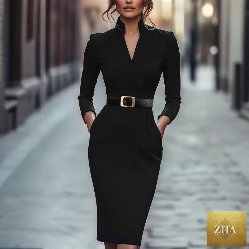 Women’s black FitiqueFit bodycon midi dress, casualwear style, fitted silhouette, shown on a model.