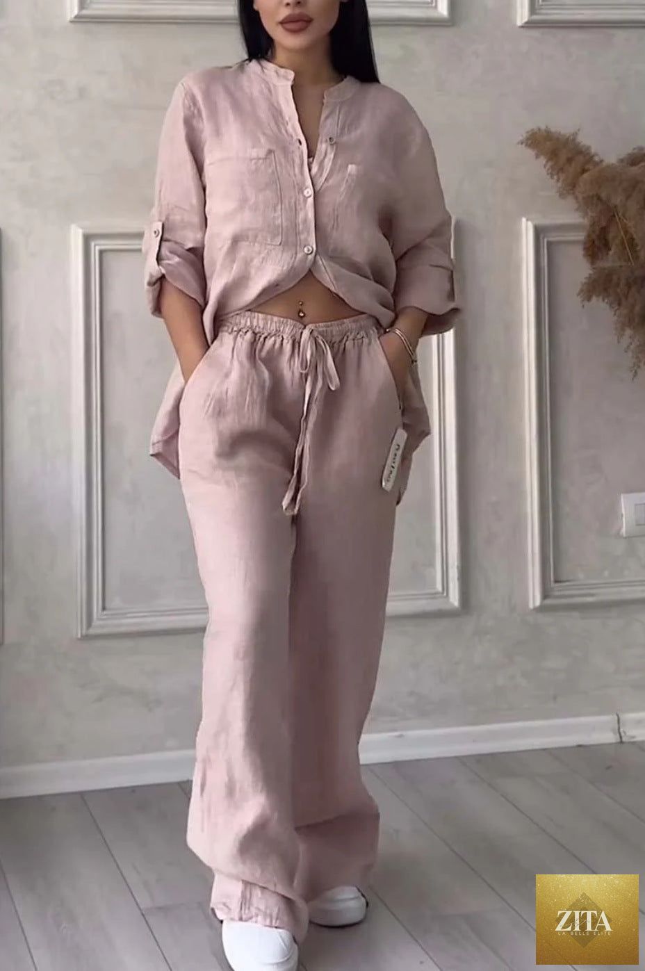 Zita La Belle Elite wide-leg pants and lace-up top two-piece set in solid color, available in 12 colors, sizes S–5XL.