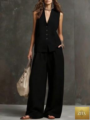 Zita La Belle Elite women's sleeveless vest and wide-leg pants two-piece casualwear set in various colors, featuring stylish, comfortable fabrics.