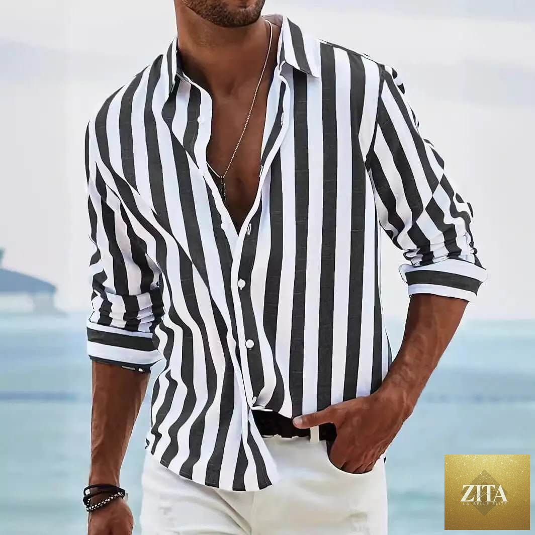 Men's SnagBag striped print casual long-sleeved shirt with a loose fit, featuring a stylish multicolor striped pattern.