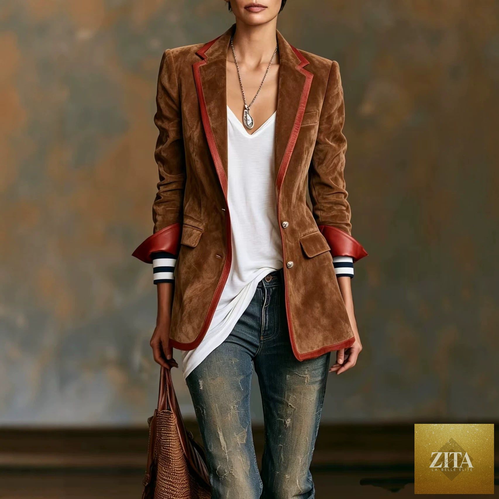 Suede Color-Block Blazer with Contrast Trim