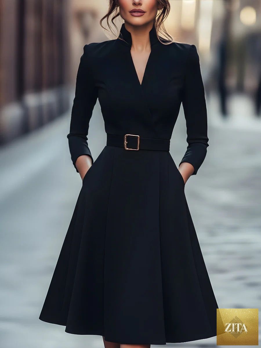 Women's FitiqueFit V-Neck long sleeve swing dress in autumn winter casualwear, mid-length with a relaxed fit and stylish design.