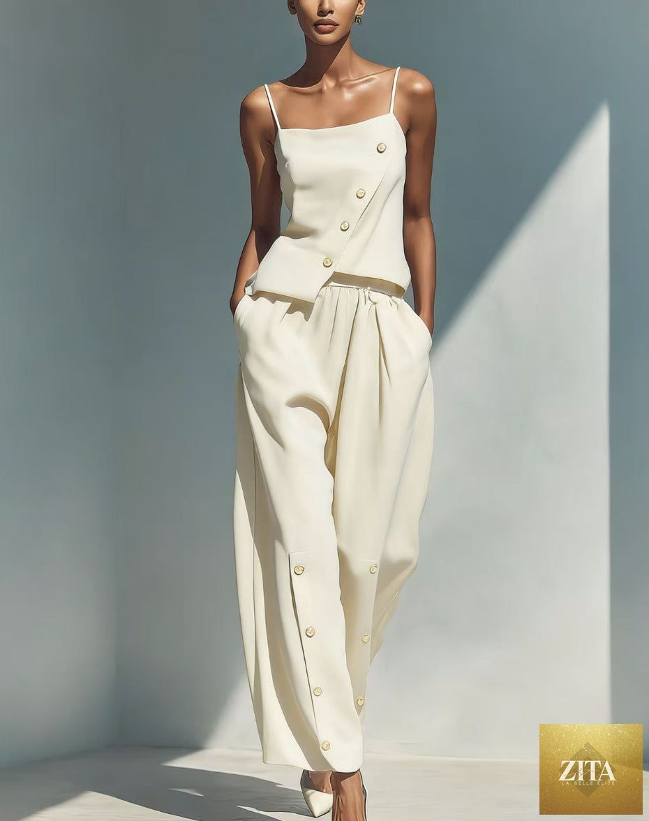 Women's casualwear two-piece set with gold-buckle camisole and matching pants by Zita La Belle Elite, showcasing stylish, comfortable fabric.