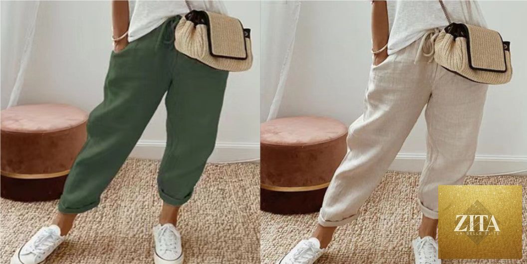Women’s cotton linen casual pants in solid color by FitiqueFit, featuring relaxed fit and comfortable, breathable fabric.