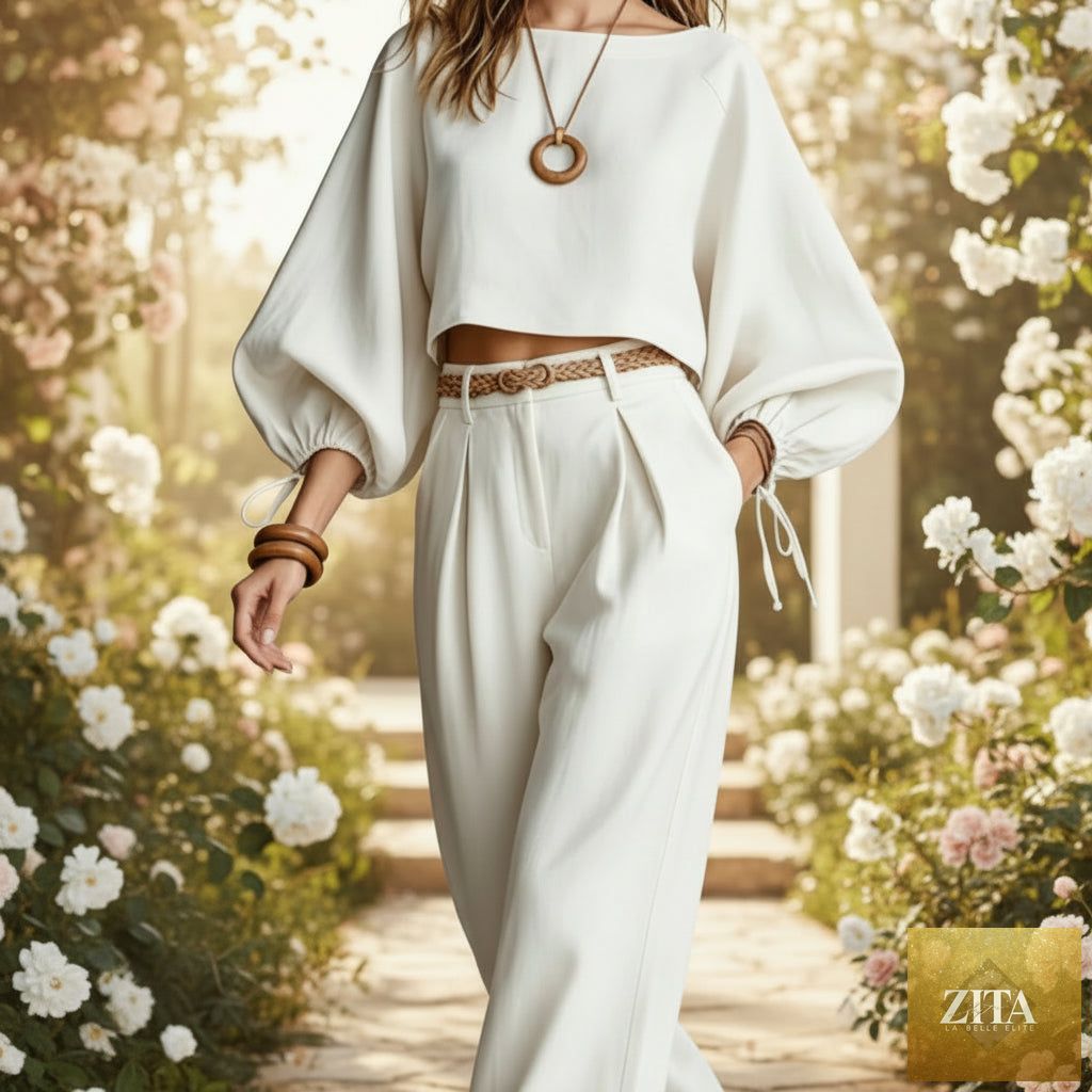 Women's Balloon Puff Sleeve Tie-Cuff Crop Top & Pleated Wide-Leg Trousers Set