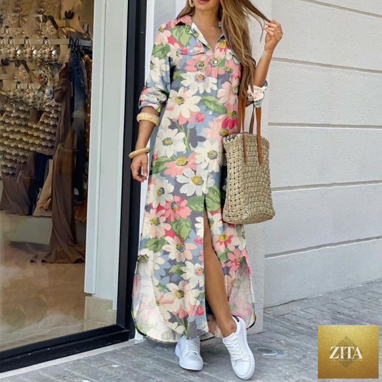 Floral print women's long shirt dress with lapel collar, midi length, relaxed fit, by Zita La Belle Elite.