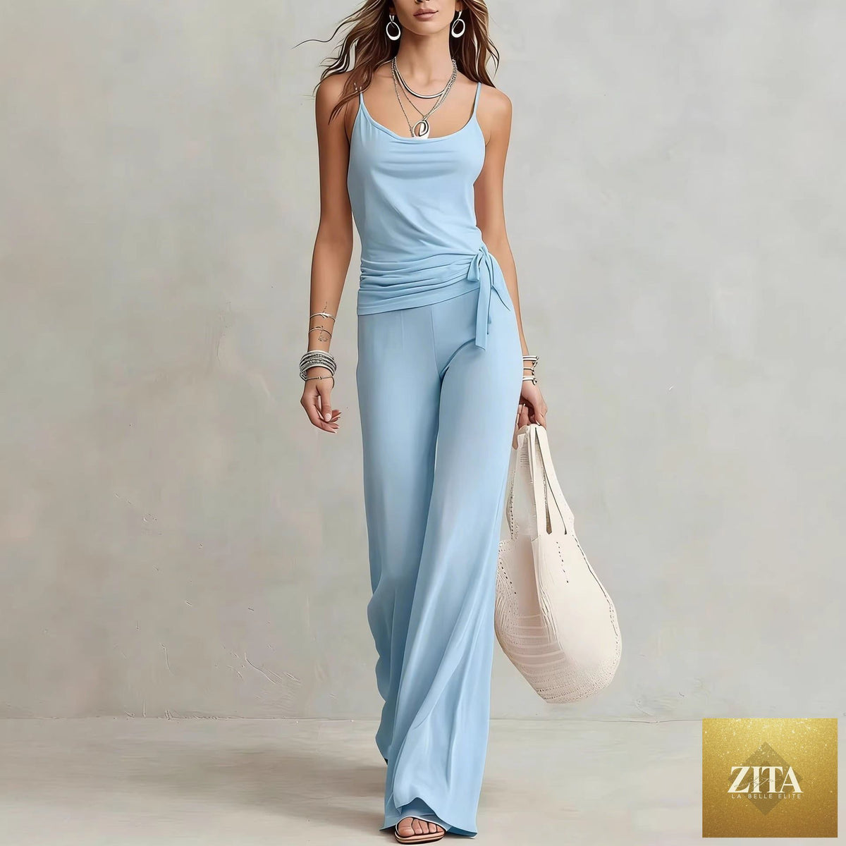 Zita La Belle Elite women's sleeveless solid color top and pants two-piece casualwear set, lightweight and stylish for warm weather.