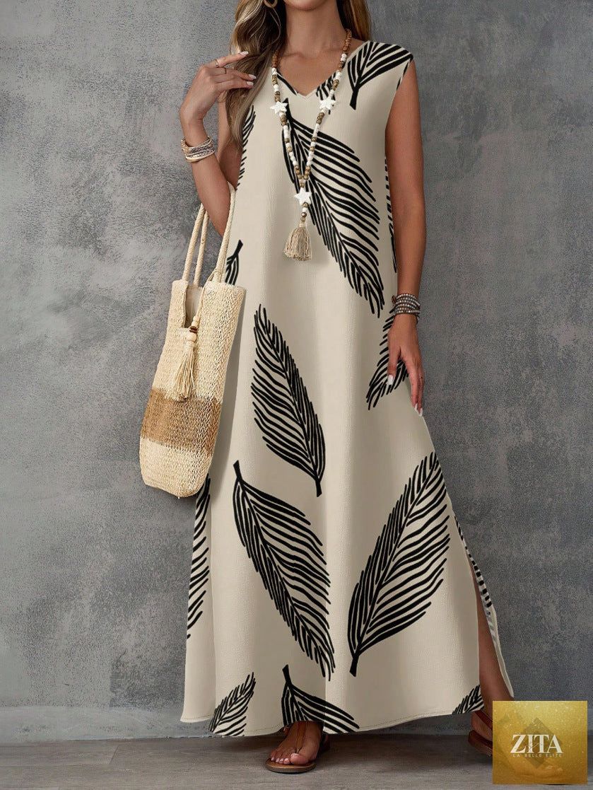 Printed V-neck sleeveless high-waist maxi dress by FitiqueFit in three colors, featuring a flowy fabric and elegant design.