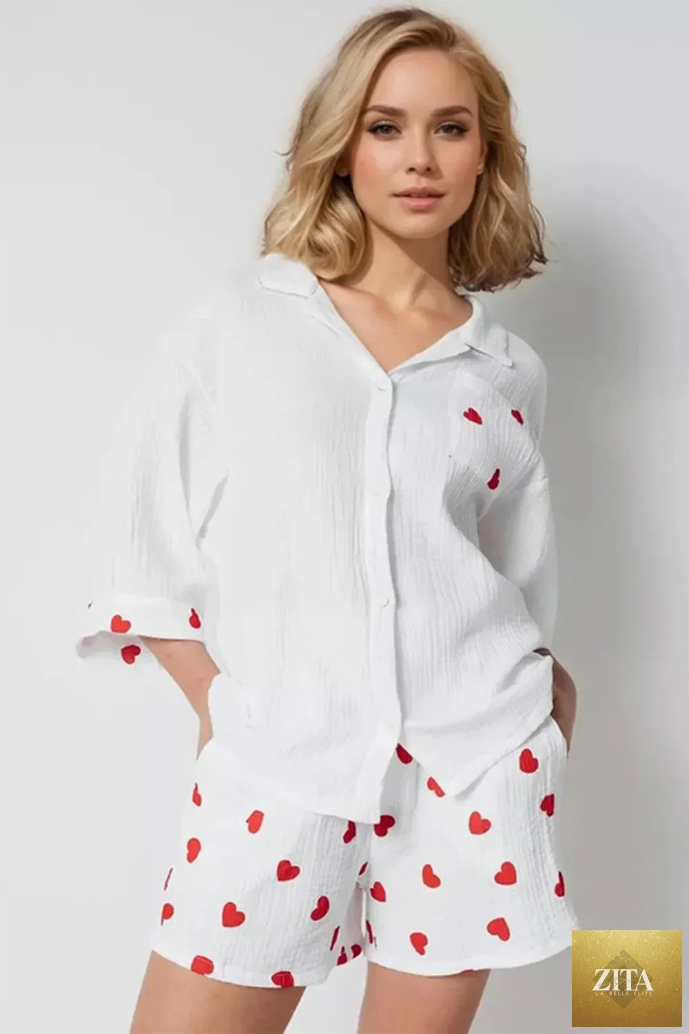 ShopBasicbae basic Bae heart collared neck button-down top and matching shorts set, featuring a cute heart design and casual style.