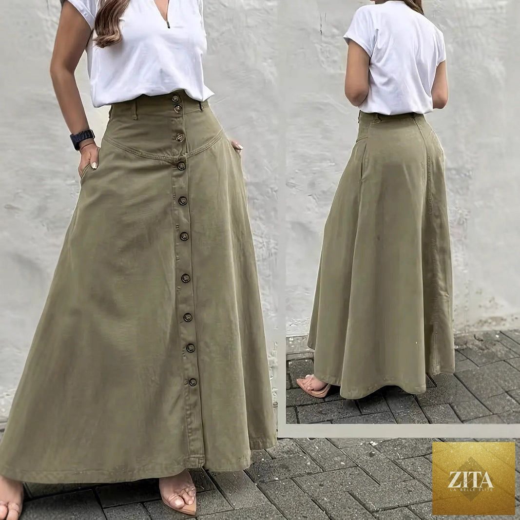 Women's elegant high-waist A-line skirt by FitiqueFit, showcasing the stylish, flowing design and smooth fabric.