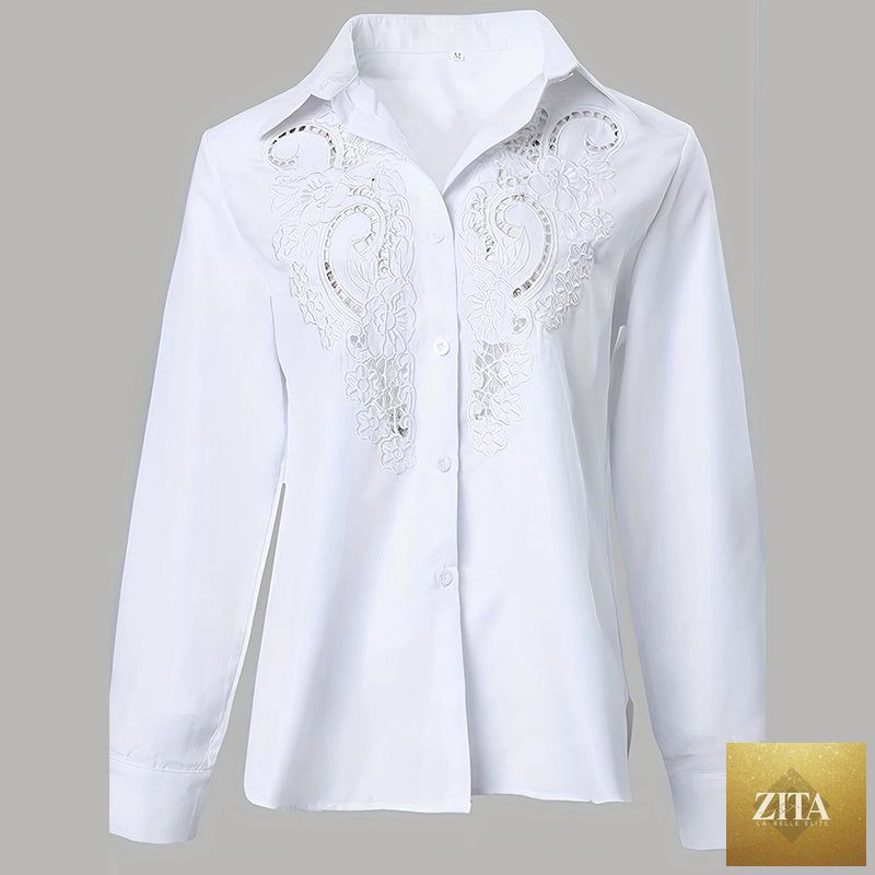 Women’s contrast lace long-sleeve button-down blouse by FitiqueFit, featuring elegant lace details and a casual, stylish fit.