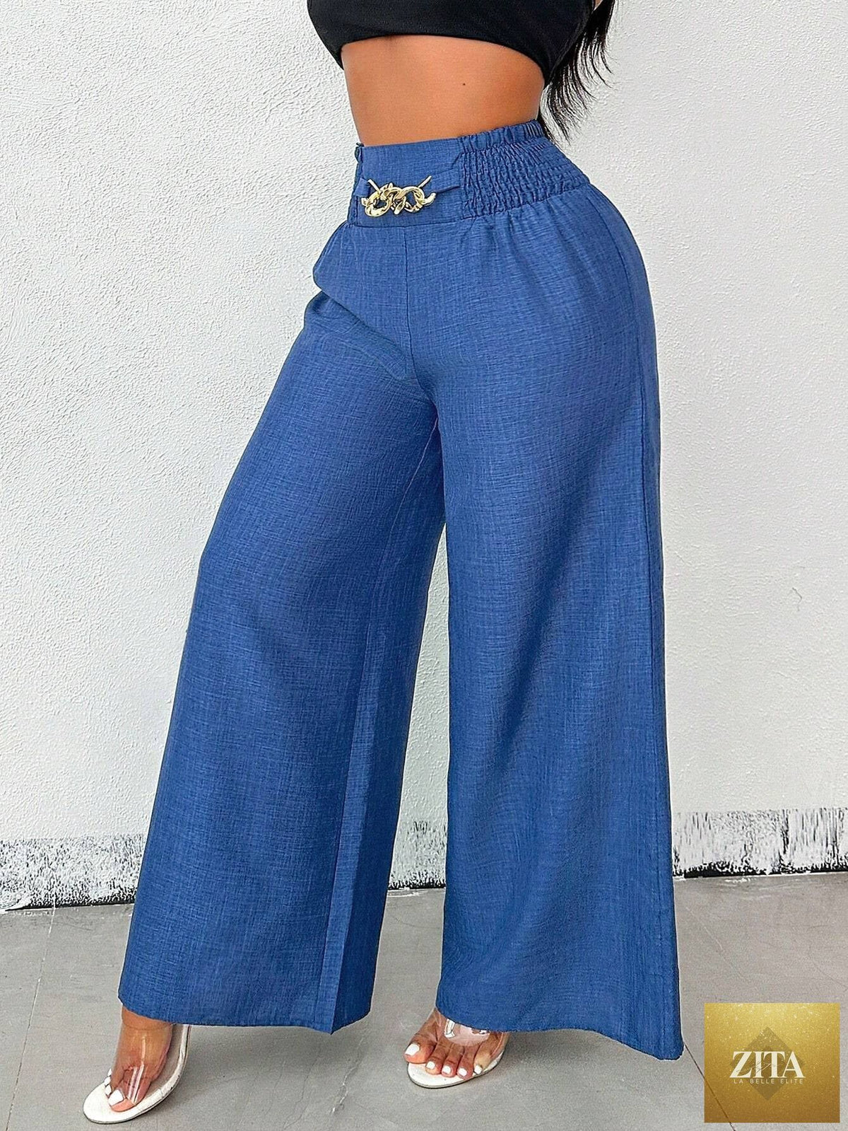 Women’s high-waist drapey wide-leg casual pants by Zita La Belle Elite, featuring elastic drawstring waist in five colors.