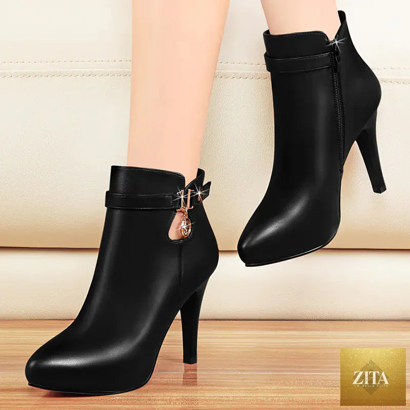 Women waterproof high heels with pointed toe design, stylish booties from Trendy Attic Store01.