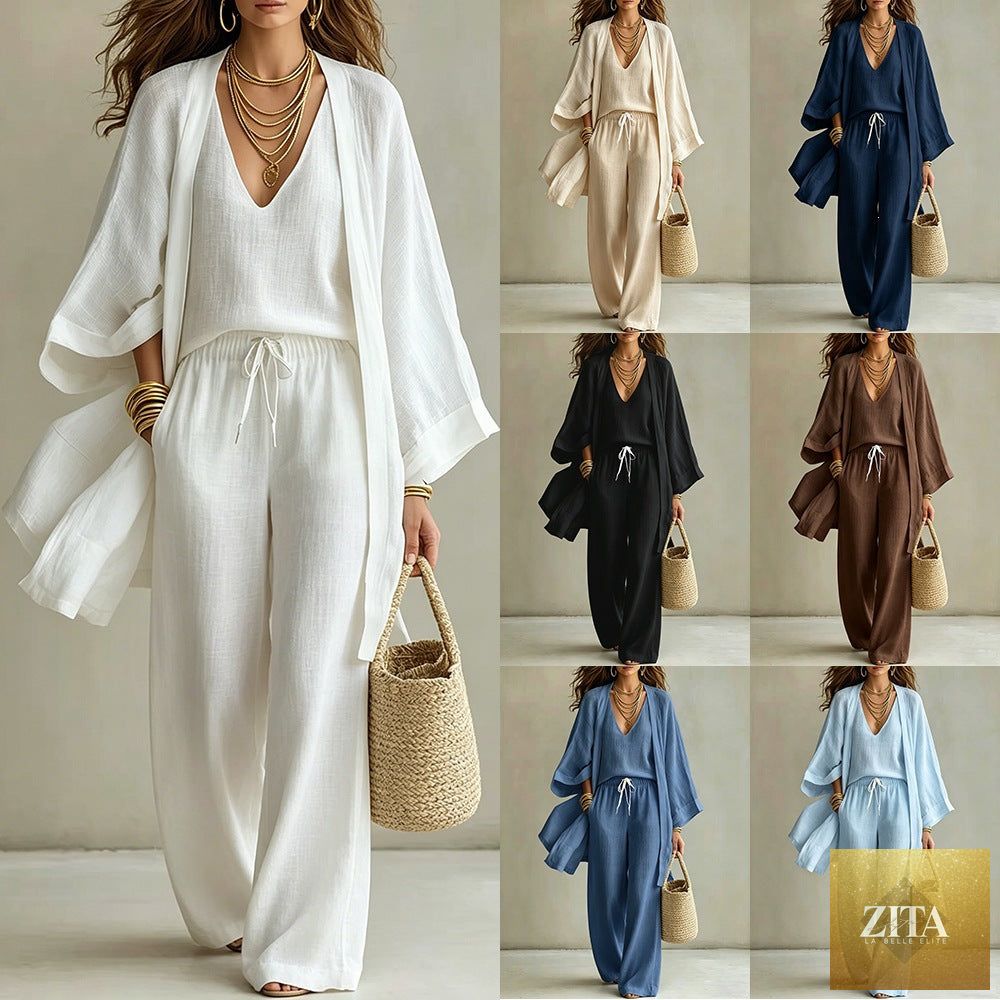 Women's 3-piece cardigan, sleeveless vest, and wide-leg pants set by FitiqueFit, featuring a stylish, coordinated outfit.