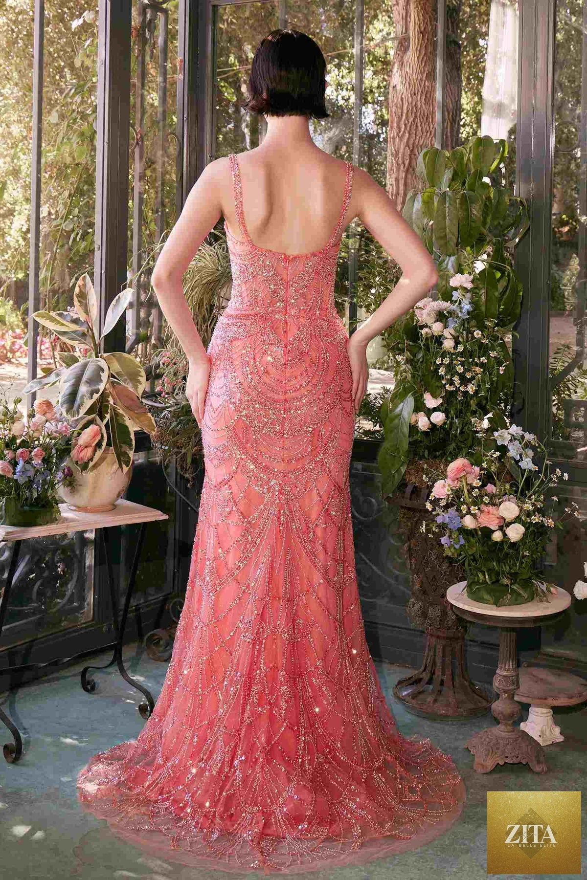 Fitted coral beaded evening gown from Andrea & Leo A1363, showcasing elegant design and intricate beadwork.